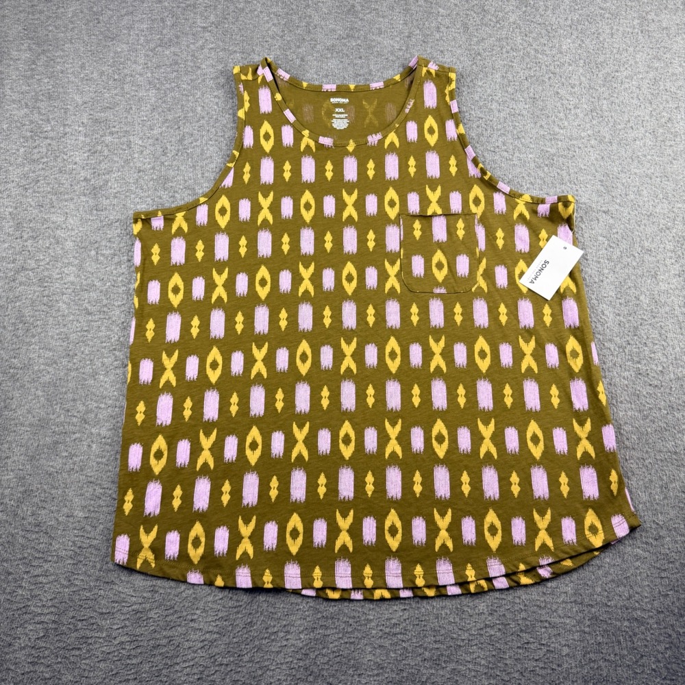 Sonoma Goods For Life XXL Olive Green Ikat Print High Neck Pocket Tank Top NWT